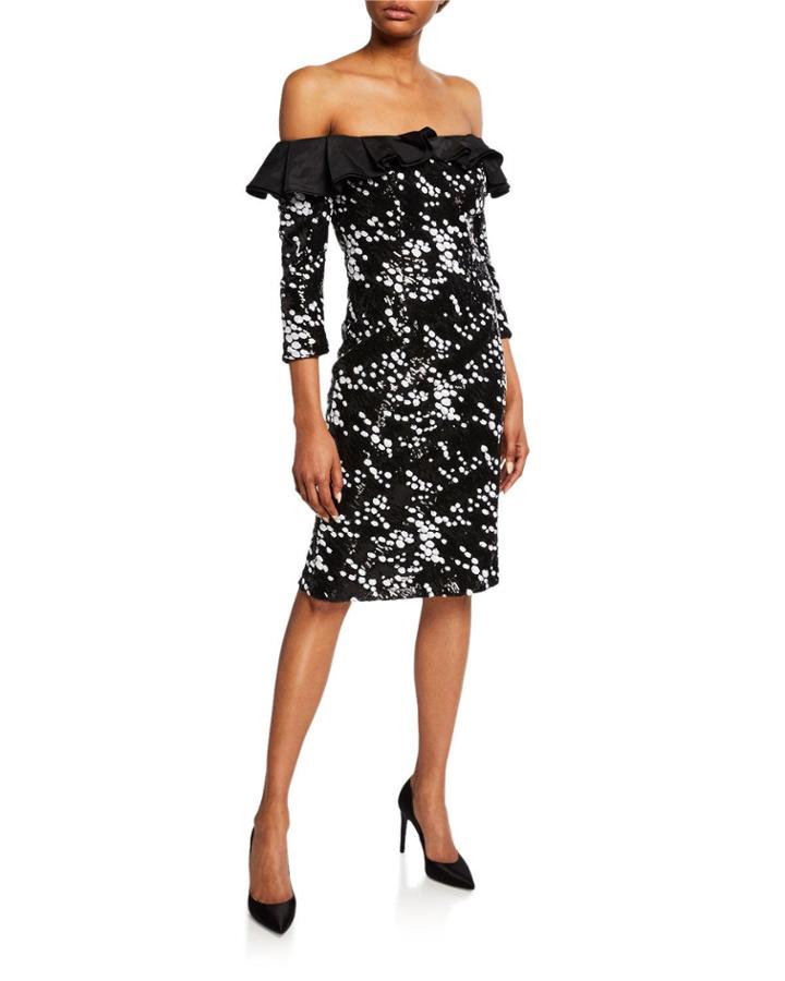 Dotted Off-the-shoulder 3/4-sleeve Sheath Dress With Ruffle Detail
