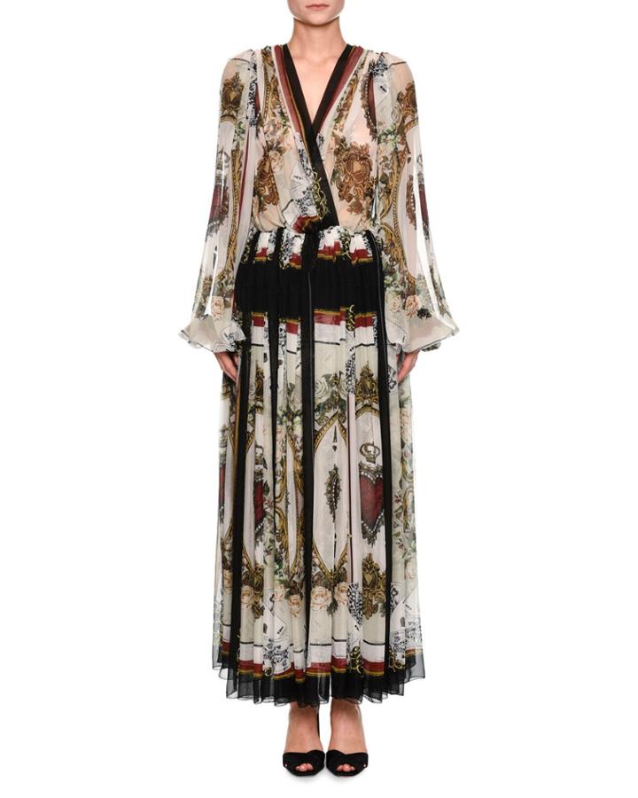 Long-sleeve V-neck Playing Card-print Chiffon Gown