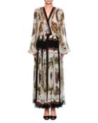 Long-sleeve V-neck Playing Card-print Chiffon Gown