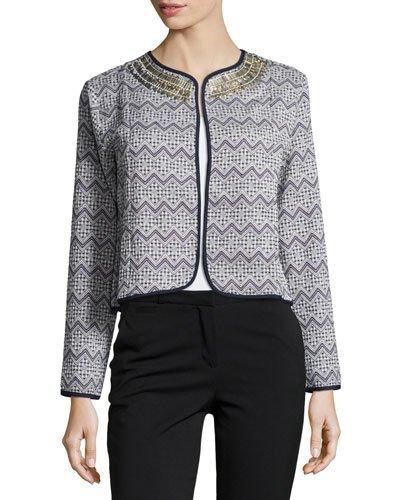 Chevron Jacquard Cropped Jacket, Blue Pattern
