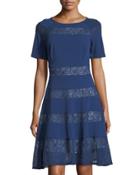 Short-sleeve Mesh-inset Fit-and-flare Dress