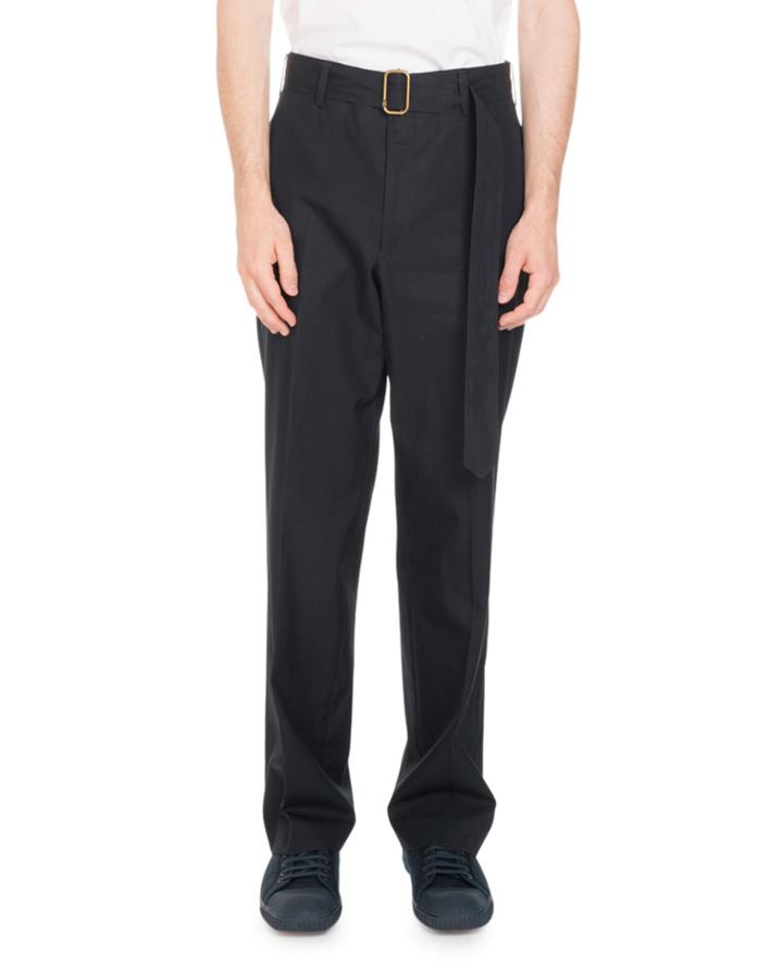 Belted Straight-leg Trouser Pants, Blue
