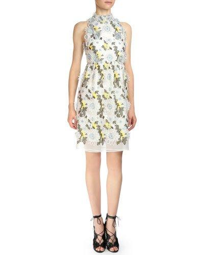Halter-neck Floral-embroidered Dress