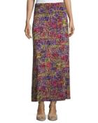 Printed Ruched-waist A-line Maxi Skirt, Patchwork Print