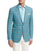 Plaid Two-button Wool Jacket, Aqua