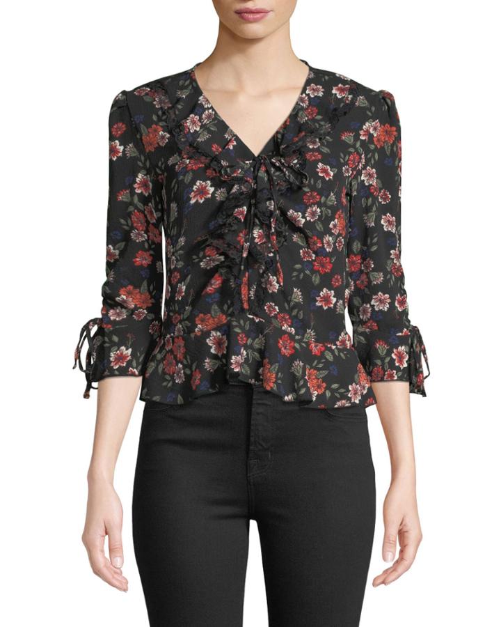 Floral-print Ruffle-front V-neck Blouse
