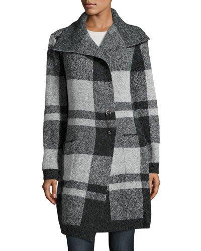 Plaid Shawl-collar Cardigan, Charcoal