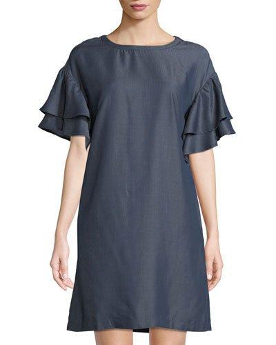 Double-ruffle-sleeve Chambray