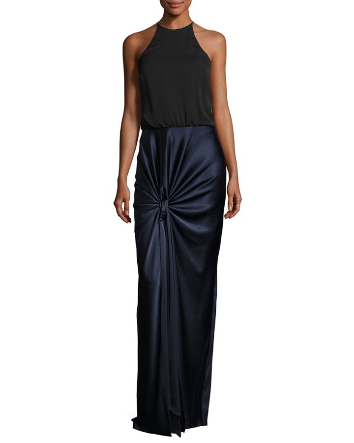 Sleeveless High-neck Mixed-media Twist-drape Evening Gown