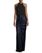Sleeveless High-neck Mixed-media Twist-drape Evening Gown
