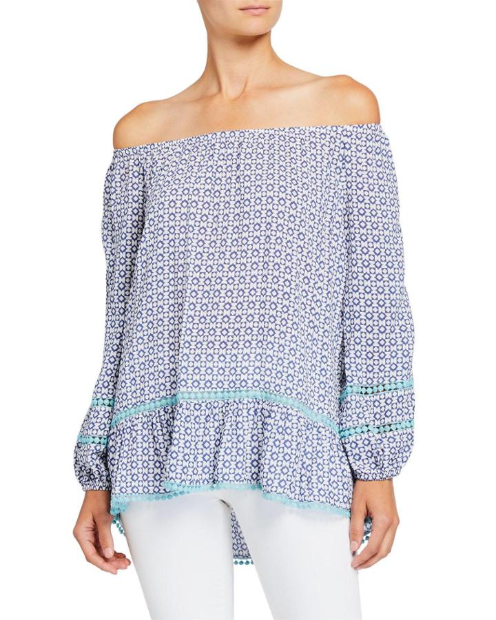 Off-the-shoulder Printed Poet-sleeve Top