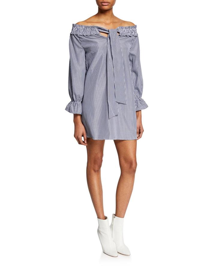 Off-the-shoulder Tie-neck Striped