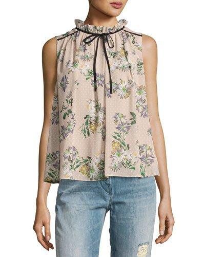 Ruffled-neck Sleeveless Top, Pink Pattern