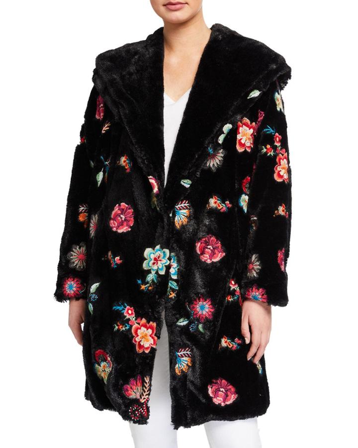 Myanmar Faux-fur Embroidered Flower Coat