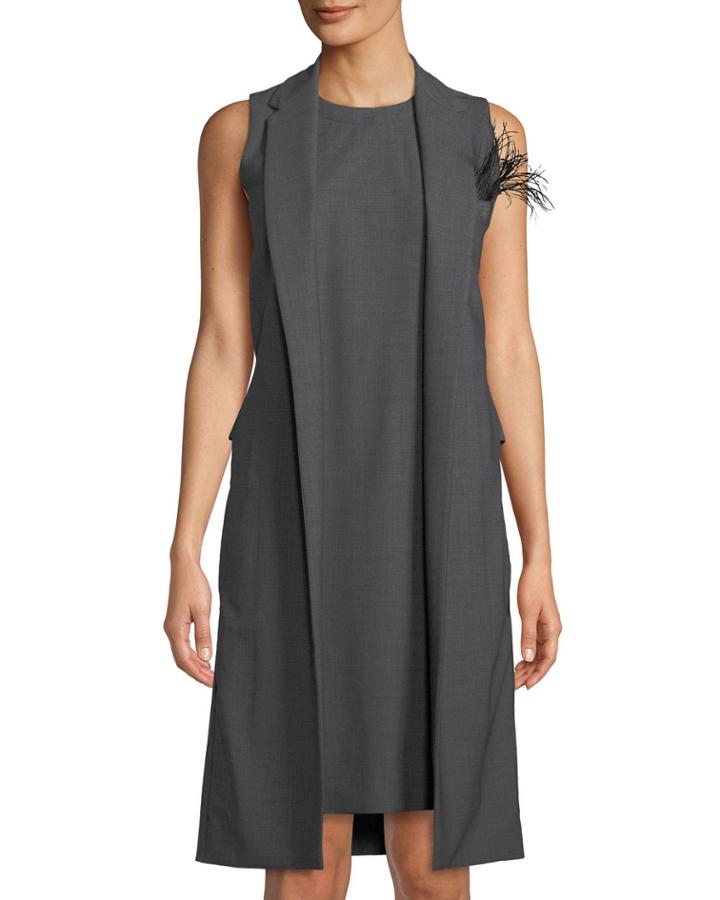 Tropical Feather-pocket Dress With Vest Overlay