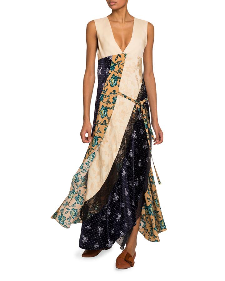 Floral Patchwork Crepe De Chine V-neck Dress