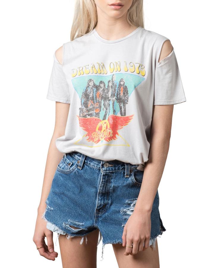 Aerosmith Cold-shoulder Distressed Tee