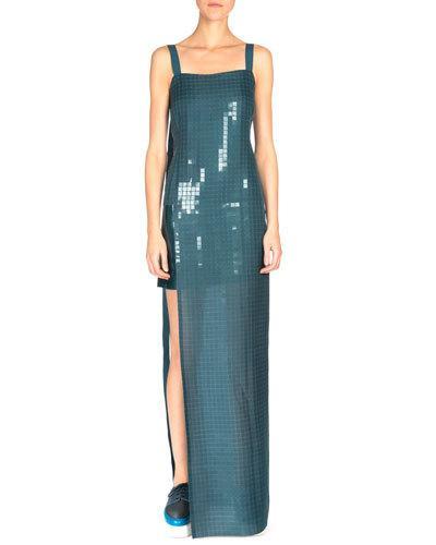 Sleeveless Grid-print Gown, Wave
