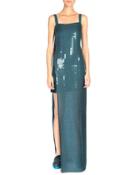 Sleeveless Grid-print Gown, Wave