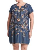 Short-sleeve Embroidered Chambray Dress,