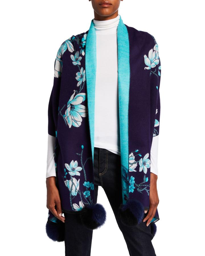 Floral-print Fox Fur Pompom Wrap