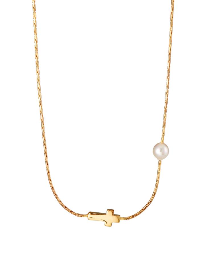 1-pearl Cross Necklace, Gold