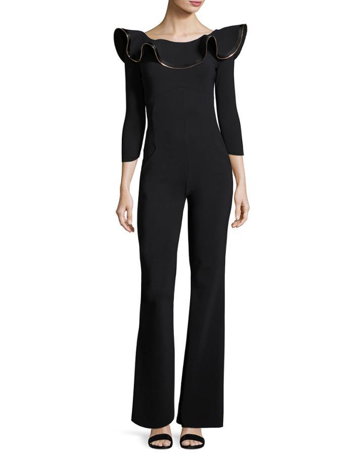 Ginko Boat-neck Flared Jumpsuit W/ Zipper Ruffle
