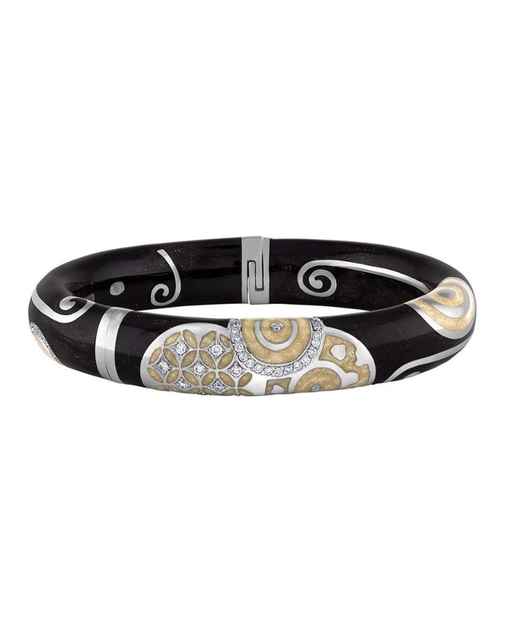 18k White Gold Mosaic Enamel Bangle W/ Diamonds, Black/tan