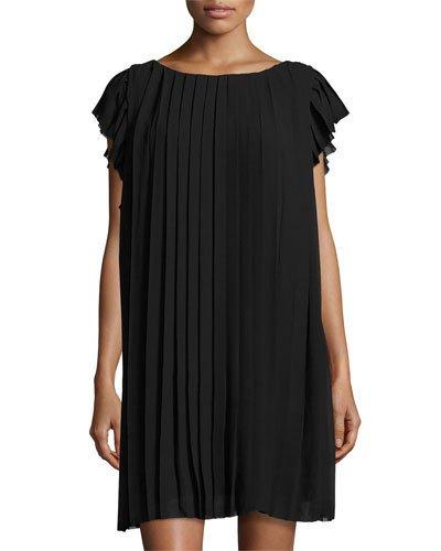 Cap-sleeve Pleated Chiffon Dress, Black