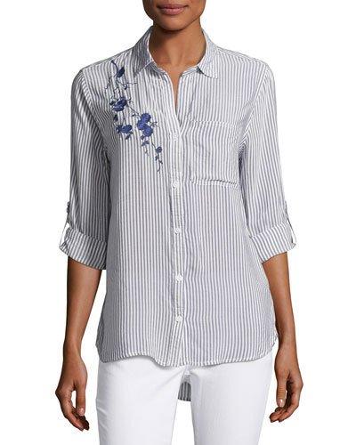Elisa Tab-sleeve Striped Top, Blue/white
