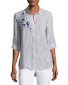 Elisa Tab-sleeve Striped Top, Blue/white