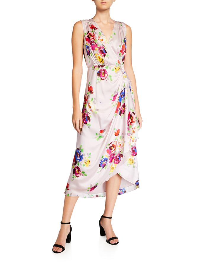 Rare Roses Sleeveless Silk Midi Wrap Dress
