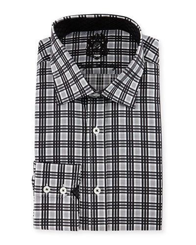 Plaid Woven Dress Shirt, Black/white