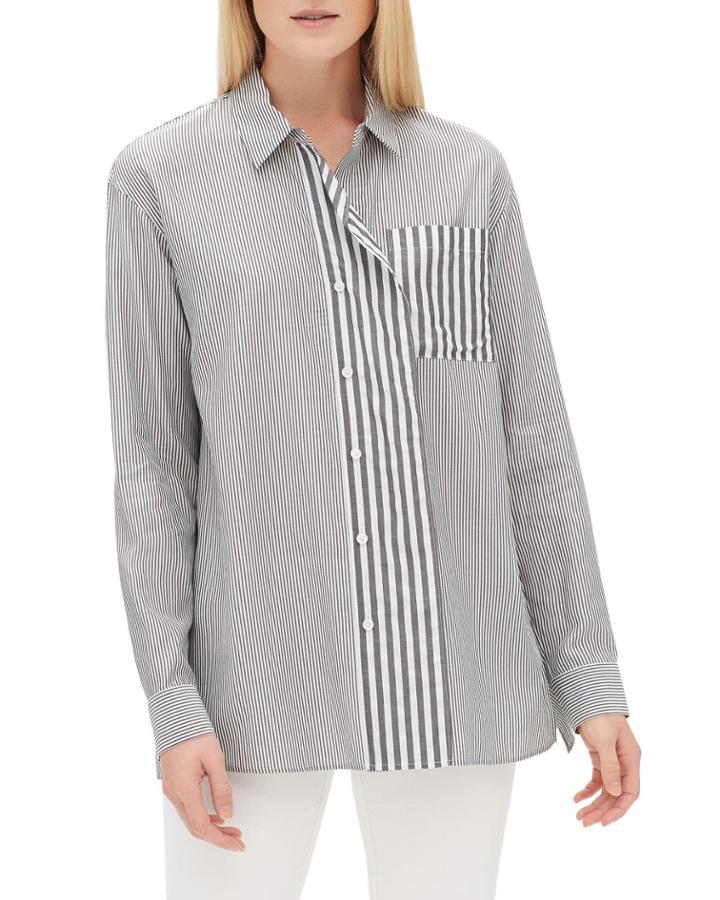 Tommy Long-sleeve Button-front Micro Bayside Striped Blouse W/ Cascading Placket