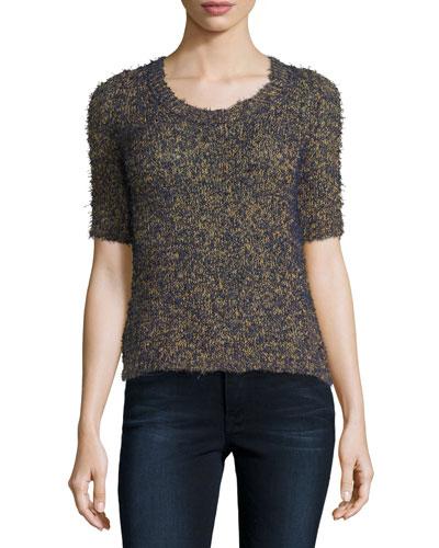 Melange-knit Half-sleeve Sweater, Deep Blue