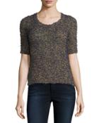 Melange-knit Half-sleeve Sweater, Deep Blue