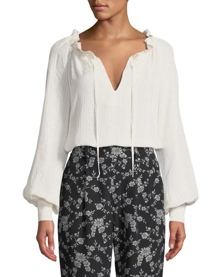 Cinched-neck Long-sleeve Jacquard Cloque Blouse