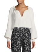 Cinched-neck Long-sleeve Jacquard Cloque Blouse