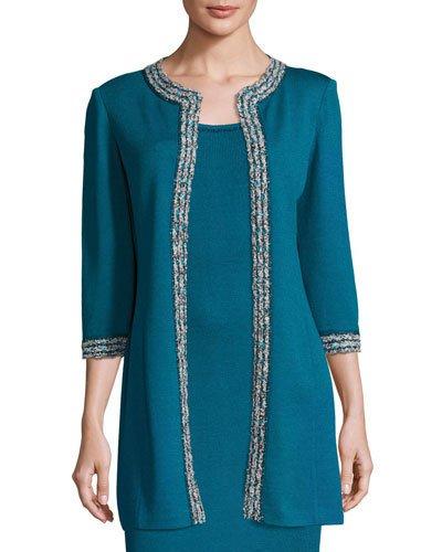 3/4-sleeve Santana Knit Long Jacket, Blue Pattern
