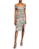 Floral Off-the-shoulder Short-sleeve Crepe Dress With