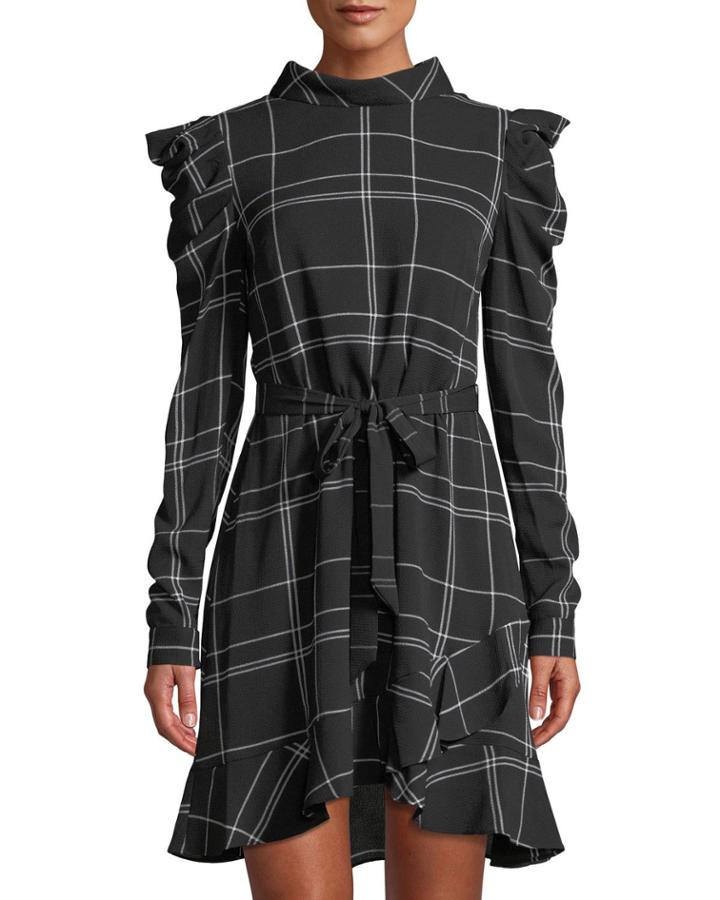 Long-sleeve Plaid Crepe Ruffle Fit-and-flare Dress