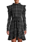 Long-sleeve Plaid Crepe Ruffle Fit-and-flare Dress