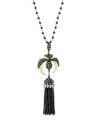 Long Beaded Horn Tassel Necklace W/ Mixed Diamonds & Gemstones