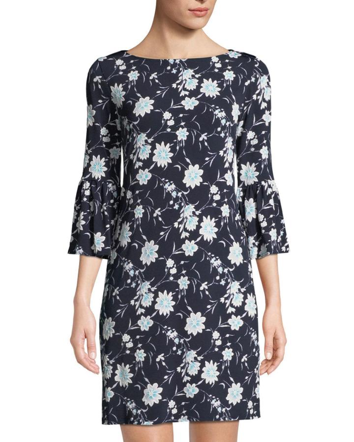 Floral-print Bell-sleeve Jersey Dress, Black/blue