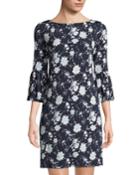 Floral-print Bell-sleeve Jersey Dress, Black/blue