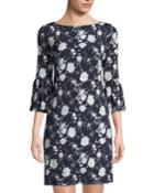 Floral-print Bell-sleeve Jersey Dress, Black/blue