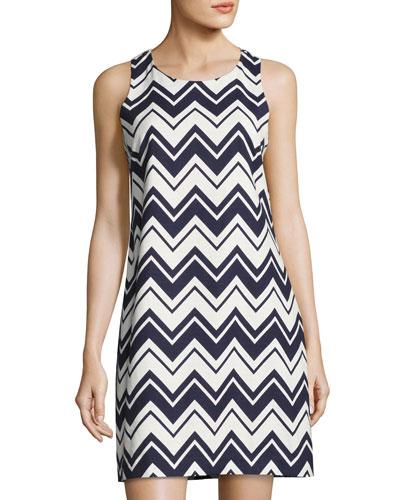 Chevron-print Shift Dress, Blue/white