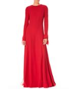 Jewel-neck V-back Long-sleeve A-line Silk Evening Gown