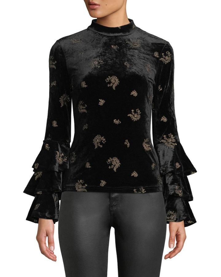 Genevieve Embroidered Velvet Ruffle-sleeve Blouse