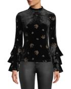 Genevieve Embroidered Velvet Ruffle-sleeve Blouse